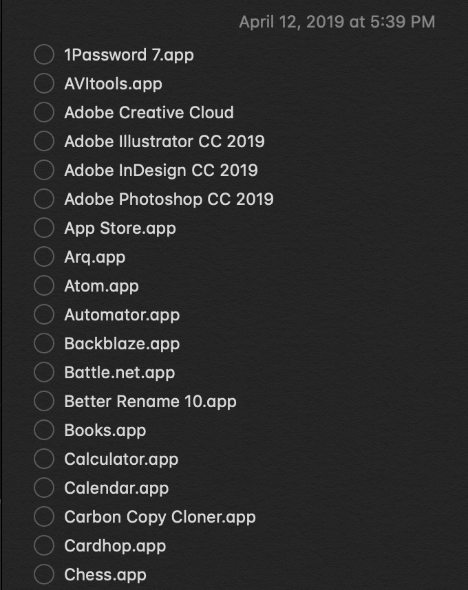 Apple Notes list of Mac apps